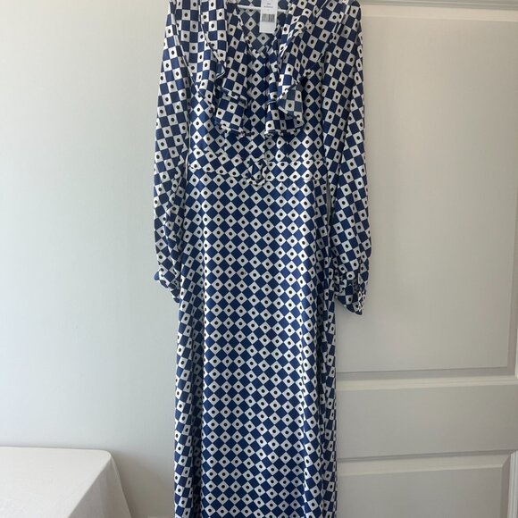 Blue Brown Diamond Print Silk Dress - Picture 2 of 5